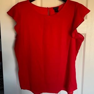 Red scalloped cap sleeve silk blouse